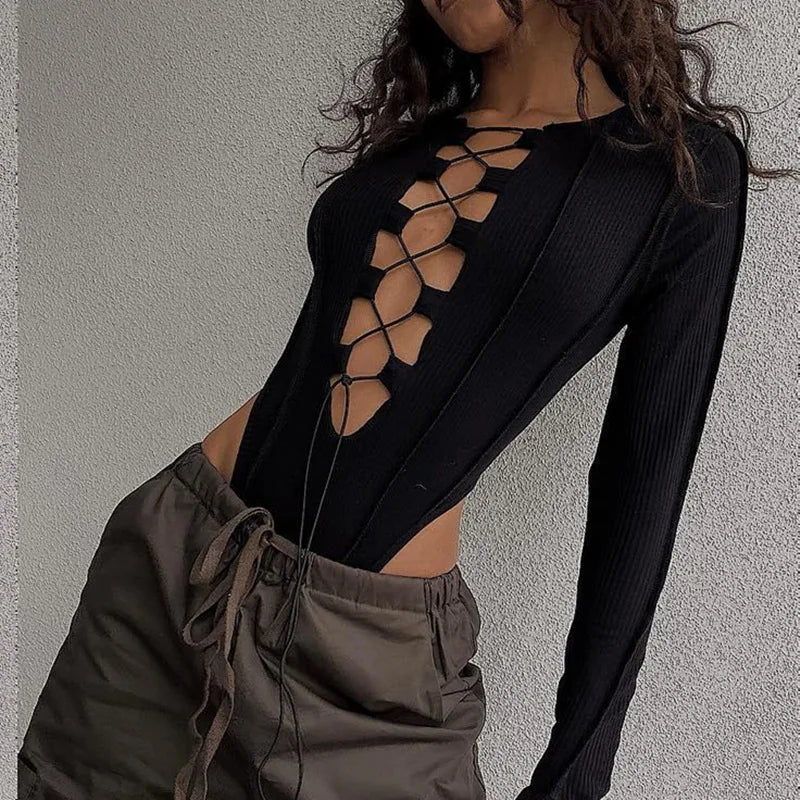 Y2k Women Ribbed Knitted Long Sleeve Tie Up Sexy Bodysuit Bandage Patchwork Bodycon Club Party Body Outfit Waist jumpsuit Top