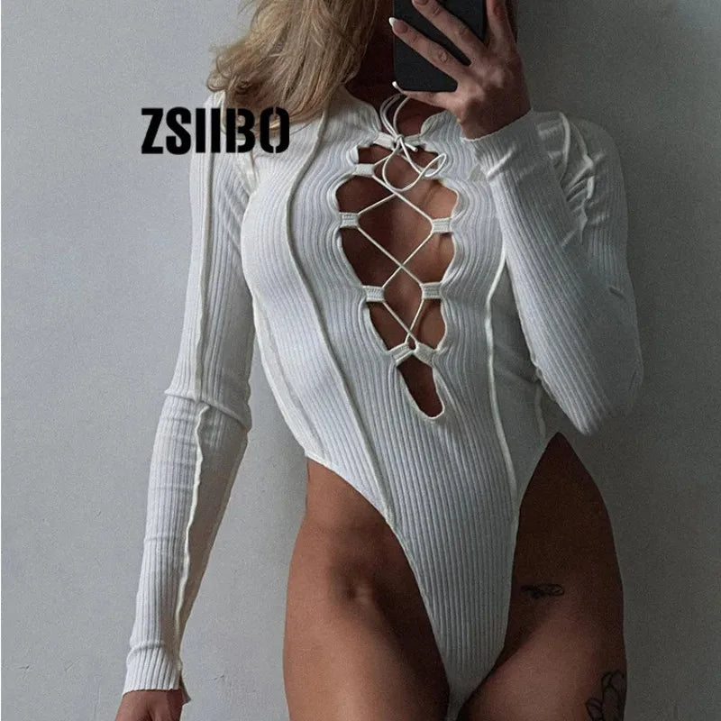 Y2k Women Ribbed Knitted Long Sleeve Tie Up Sexy Bodysuit Bandage Patchwork Bodycon Club Party Body Outfit Waist jumpsuit Top
