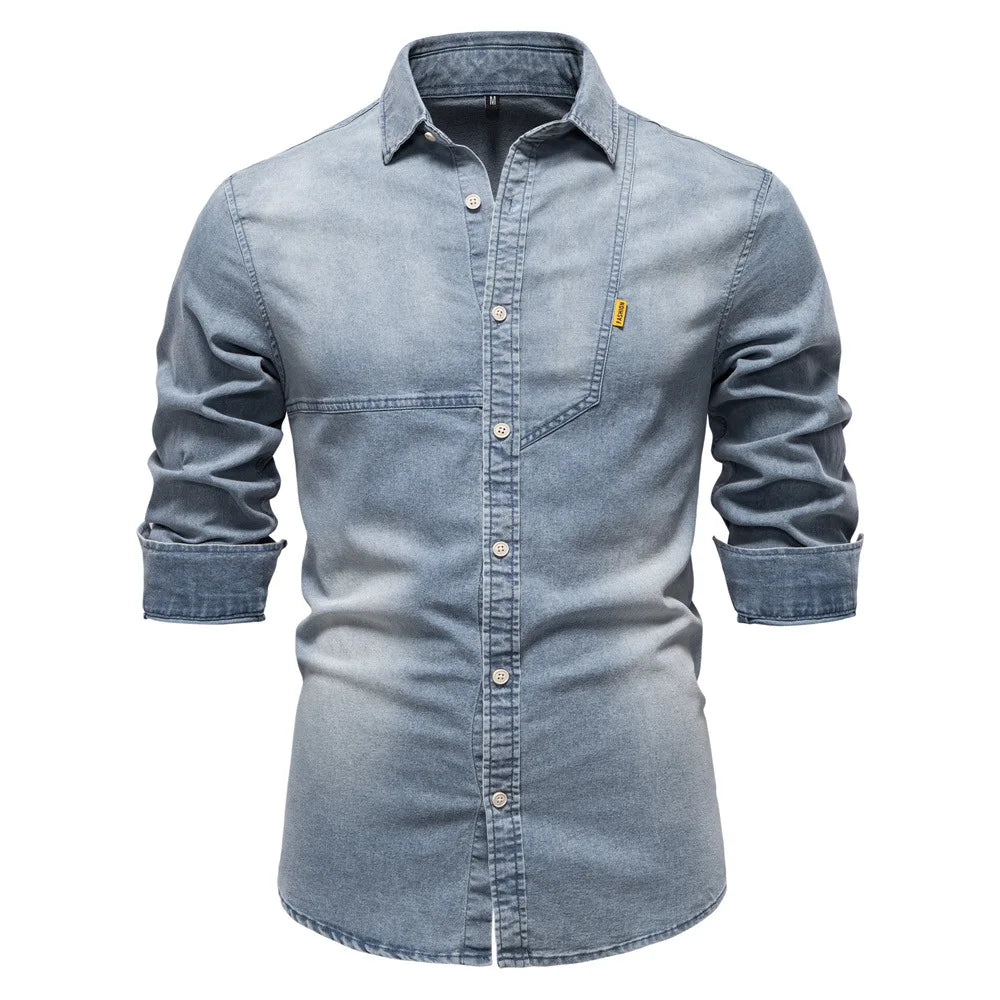 2025 Fashion Denim Shirt for Men Cotton Casual Long Sleeve Cowboy Shirts High Quality Patchwork Clothing Elastic Men's Shirt
