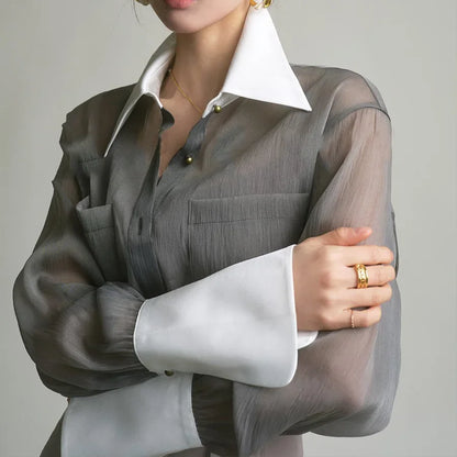 2023 new sunscreen top temperament fragrant French fashion shirt grey retro loose shirt woman