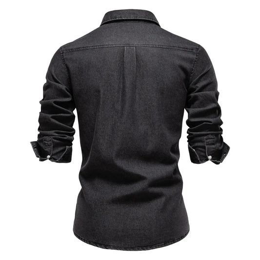 2025 Fashion Denim Shirt for Men Cotton Casual Long Sleeve Cowboy Shirts High Quality Patchwork Clothing Elastic Men's Shirt