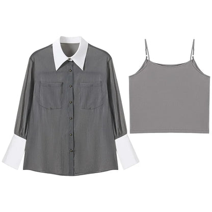 2023 new sunscreen top temperament fragrant French fashion shirt grey retro loose shirt woman