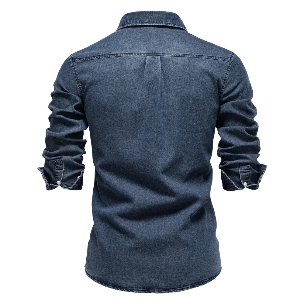 2025 Fashion Denim Shirt for Men Cotton Casual Long Sleeve Cowboy Shirts High Quality Patchwork Clothing Elastic Men's Shirt