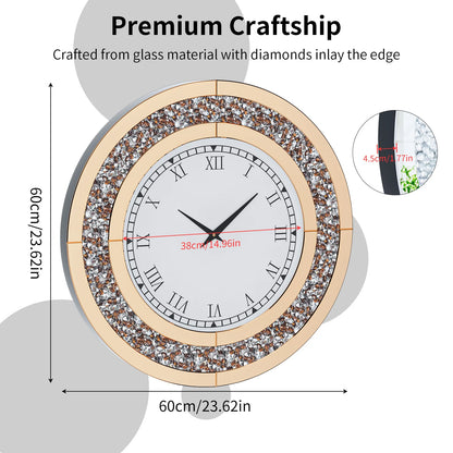 60/80CM Bling Silver Round Mirror Clock Glam Sparkle Twinkle Shining Mirrored Wall Clock for Home Decor